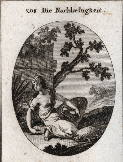 Allegoria della negligenza. Tiene un orologio con una clessidra rovesciata. La tartaruga è l