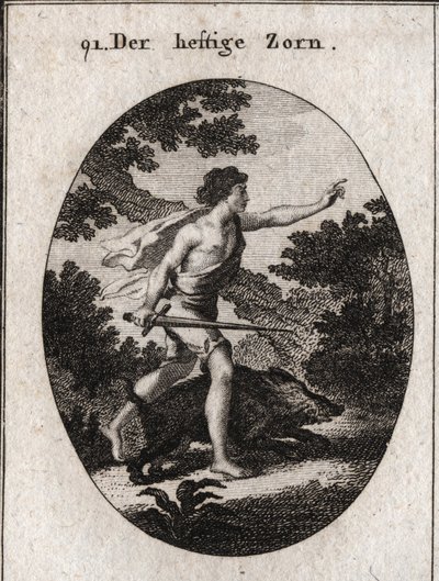 Allegoria della passione rappresentata da un adolescente con una spada. Il suo attributo è un cinghiale irritante, un animale che combatte sempre senza riguardo per il pericolo. Incisione in "Iconologie oder Ideen aus dem Geb" da Austrian School