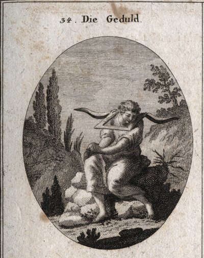 Allegoria della pazienza seduta su ciottoli, piedi tra le spine, mani giunte e giogo sulle spalle. Incisione in "Iconologie oder Ideen aus dem Gebiete der Leidenschaften und Allegorien bildich dargestellt fur Zeichner, Mahler, Dichter, Gelehrte, Erzieher" da Austrian School