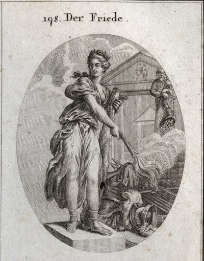 Allegoria della pace. Indossa una corona di ulivi e tiene una clava mentre brucia con una torcia un trofeo di armi. Dietro di lei, la statua di Plutone significa che abbondanza e ricchezza sono i suoi benefici. Incisione in "Iconologie oder Ideen aus dem G da Austrian School
