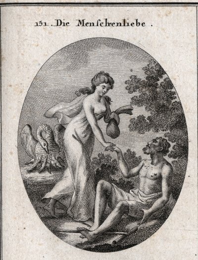 Allegoria della filantropia. Tiene una borsa e viene in soccorso di un povero a cui tende la mano. Il suo attributo è un pellicano che apre il petto per nutrire i suoi piccoli. Incisione in "Iconologie oder Ideen aus dem Gebiete der Leidenschaften und Alle da Austrian School