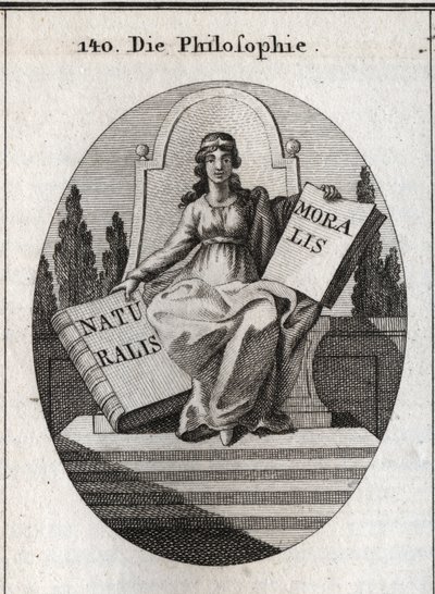 Allegoria della filosofia seduta su un trono di marmo sopra diversi gradini. Ha un diadema dorato sulla fronte e tiene due libri aperti “Naturalis” (Natura) e “Moralis” (Morale). Incisione in “Iconologie oder Ideen aus dem Gebiete der Leidenschaften und Al da Austrian School