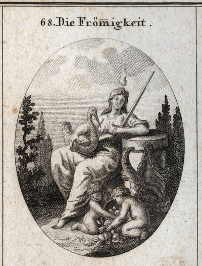 Allegoria della pietà. La fiamma ardente sulla sua testa e la sua posizione sull