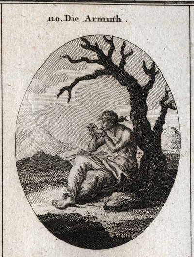 Allegoria della povertà seduta ai piedi di un albero secco che cresce in un terreno arido. I suoi piedi e le sue mani sono legati e cerca di sciogliere i suoi legami con i denti; Incisione in "Iconologie oder Ideen aus dem Gebiete der Leidenschaften und Al da Austrian School