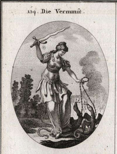 Allegoria della ragione, tiene una spada fiammeggiante con cui minaccia i vizi rappresentati da serpenti che tiene incatenati. Incisione in “Iconologie oder Ideen aus dem Gebiete der Leidenschaften und Allegorien bildich dargestellt fur Zeichner, Mahler, D da Austrian School