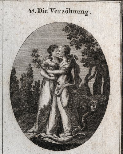 Allegoria della riconciliazione caratterizzata da due donne che si baciano. Una tiene un ramo d