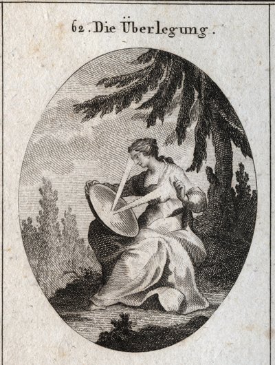 Allegoria della riflessione. Un raggio di luce parte dal suo cuore, colpisce lo specchio sulle sue ginocchia e riflette la luce sulla sua fronte. Incisione in "Iconologie oder Ideen aus dem Gebiete der Leidenschaften und Allegorien bildich dargestellt" da Austrian School