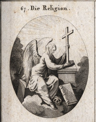 Allegoria della religione. Un velo bianco copre la sua testa per indicare che i misteri sono impenetrabili. Siede su una pietra angolare e tiene una croce radiante su un altare ai piedi del quale si trova il libro dei 4 Vangeli. Il suo piede sulla testa de da Austrian School
