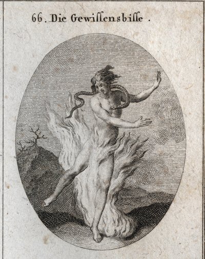 Allegoria del rimorso circondata da fiamme ardenti con un serpente che le ruba il cuore. Incisione in “Iconologie oder Ideen aus dem Gebiete der Leidenschaften und Allegorien bildich dargestellt fur Zeichner, Mahler, Dichter, Gelehrte, Erzieher und freunde da Austrian School