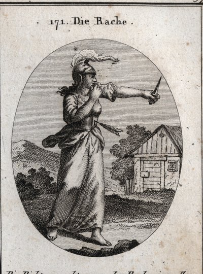 Allegoria della vendetta con una corazza e un elmo su cui brilla una fiamma. Si morde il dito e guarda un pugnale. La freccia che la trafigge significa che la vendetta avviene solo dopo un