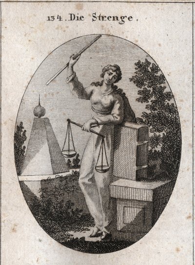Allegoria della rigore rappresentata sotto un aspetto di ferocia tenendo con la mano destra una verga di ferro alta e appoggiandosi con la sinistra sul libro delle leggi. Ha nella stessa mano una bilancia, una delle quali prevale sull