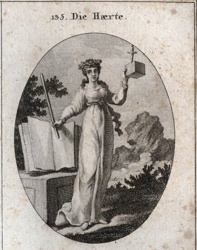 Allegoria della severità coronata con un ramo di quercia, attributo della forza. Si appoggia su un libro di leggi e tiene una verga di ferro. Il cubo in cui un pugnale rallenta i desideri segna la sua vicinanza e la sua inflessibilità. Incisione in "Iconol da Austrian School