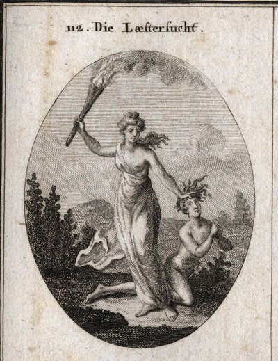 Allegoria della calunnia che tiene una torcia accesa e trascina senza pietà un adolescente nudo che giunge le mani e guarda il cielo. Incisione in "Iconologie oder Ideen aus dem Gebiete der Leidenschaften und Allegorien bildich dargestellt fur Zeichner, Ma da Austrian School