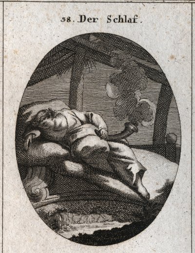 Allegoria del sonno su un letto di ebano vicino al quale scorre un ruscello. Tiene un cono nero e lucido da cui esce un vapore che significa sogni. Incisione in "Iconologie oder Ideen aus dem Gebiete der Leidenschaften und Allegorien bildich dargestellt" da Austrian School