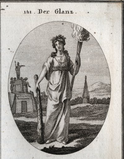 Allegoria dello splendore. Il bastone su cui si appoggia è il simbolo delle virtù. La catena e la medaglia d