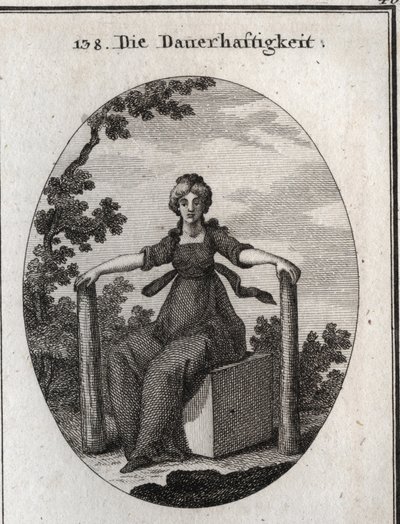 Allegoria della stabilità seduta su un cubo di marmo con due pile piantate a piombo nella terra. Incisione in “Iconologie oder Ideen aus dem Gebiete der Leidenschaften und Allegorien bildich dargestellt fur Zeichner, Mahler, Dichter, Gelehrte, Erzieher und da Austrian School