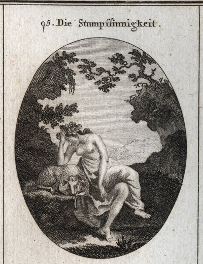 Allegoria della stupidità. È appoggiata a una pecora, animale naturalmente stupido. Incisione in "Iconologie oder Ideen aus dem Gebiete der Leidenschaften und Allegorien bildich dargestellt fur Zeichner, Mahler, Dichter, Gelehrte, Erzieher und freunde Hohe da Austrian School