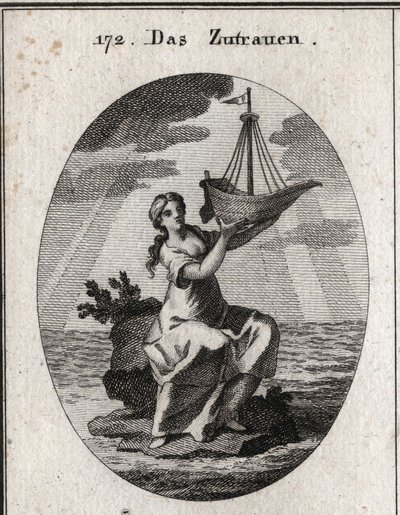 Allegoria della fiducia rappresentata da una donna seduta su un luogo in mezzo al mare e che tiene in mano una nave che ha sollevato. Incisione in “Iconologie oder Ideen aus dem Gebiete der Leidenschaften und Allegorien bildich dargestellt fur Zeichner, Ma da Austrian School