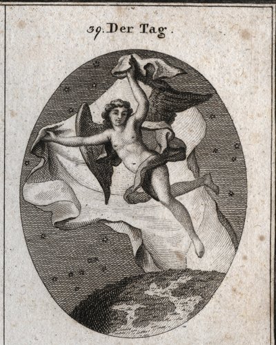 Allegoria del giorno che vola rapidamente e nasconde la notte e le stelle usando un grande velo luminoso. Incisione in "Iconologie oder Ideen aus dem Gebiete der Leidenschaften und Allegorien bildich dargestellt fur Zeichner, Mahler, Dichter, Gelehrte, Erz da Austrian School