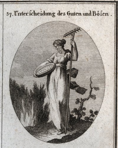 Allegoria della distinzione tra bene e male. Il setaccio separa il buon grano dalla pula e il rastrello viene utilizzato per rimuovere le erbacce. Incisione in "Iconologie oder Ideen aus dem Gebiete der Leidenschaften und Allegorien bildich dargestellt fur da Austrian School
