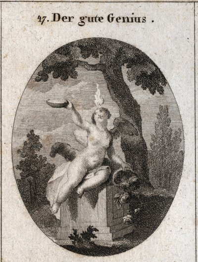 Allegoria del genio favorevole sotto la figura di un bambino con ali e una piccola fiamma sulla testa, seduto su un altare all