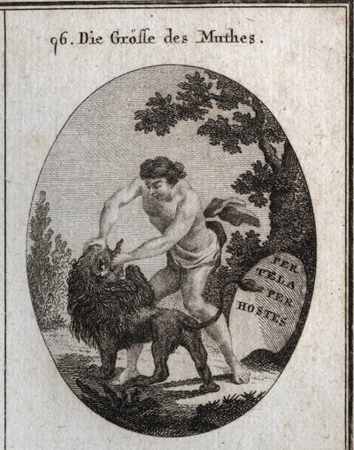 Allegoria della grandezza del coraggio rappresentata da un uomo robusto che apre la bocca di un leone per strappargli la lingua. Il suo attributo è uno scudo su cui è scritto "Per tela, per hostes" (Per armi, attraverso il nemico). Incisione in "Iconologie da Austrian School
