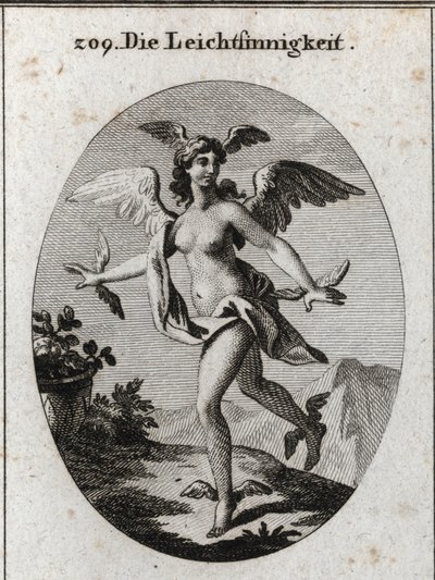 Allegoria della luce. Ha ali sulla testa, spalle, piedi e mani. Incisione in "Iconologie oder Ideen aus dem Gebiete der Leidenschaften und Allegorien bildich dargestellt fur Zeichner, Mahler, Dichter, Gelehrte, Erzieher und freunde Hoherer Geschmacksbildun da Austrian School