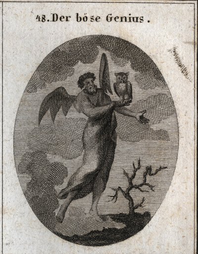 Allegoria del genio opposto rappresentato da un cattivo genio con ali di pipistrello e che tiene un gufo, uccello di cattivo auspicio. Incisione in 