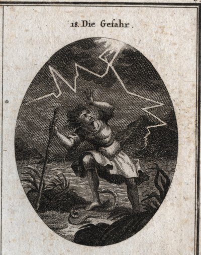 Allegoria del pericolo rappresentata da un giovane che sfugge a un torrente veloce mettendo piede su un serpente che lo punge e allo stesso tempo un fulmine colpisce dietro di lui. Incisione in “Iconologie oder Ideen aus dem Gebiete der Leidenschaften und  da Austrian School
