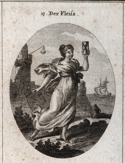Allegoria della diligenza rappresentata che cammina veloce. I suoi attributi sono la clessidra e lo sperone, simbolo di attività e precisione. Incisione in "Iconologie oder Ideen aus dem Gebiete der Leidenschaften und Allegorien bildich dargestellt fur" da Austrian School