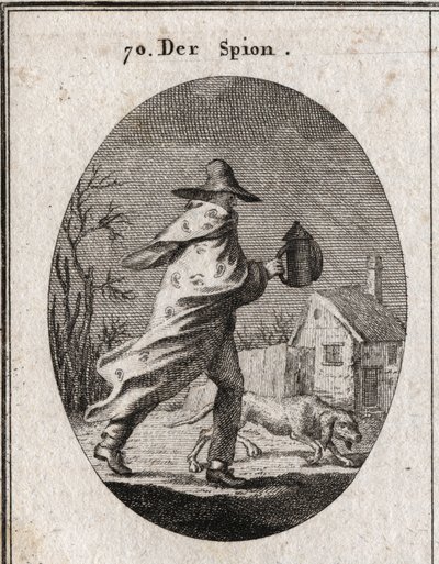 Allegoria della spia. Il suo mantello è disseminato di occhi e orecchie e tiene una lanterna sorda. Un cane bracco annusa il terreno. Incisione in "Iconologie oder Ideen aus dem Gebiete der Leidenschaften und Allegorien bildich dargestellt fur Zeichner, Ma da Austrian School