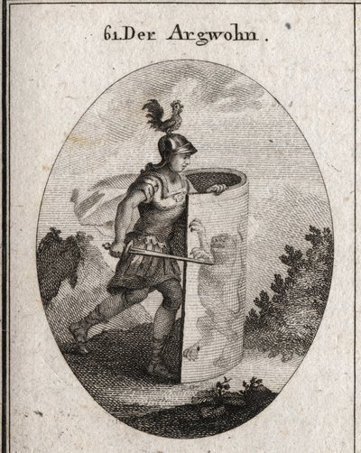 Allegoria del sospetto nascosta dietro uno scudo su cui si erge un leone, simbolo del sospetto secondo Aristotele, e un gallo sull