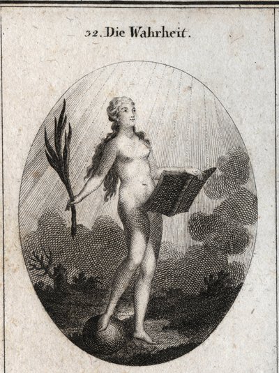 Allegoria della verità rappresentata nuda senza artifici e con aspetto naturale guarda la luce del sole. La palma simboleggia il trionfo della frode e il libro rappresenta lo studio. Incisione in “Iconologie oder Ideen aus dem Gebiete der Leidenschaften un da Austrian School