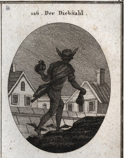Allegoria del furto rappresentata da un uomo che cammina nella notte con una lanterna sorda e una borsa in mano. Le ali sui suoi piedi mostrano che è pronto a correre. Incisione in "Iconologie oder Ideen aus dem Gebiete der Leidenschaften und Allegorien bi da Austrian School