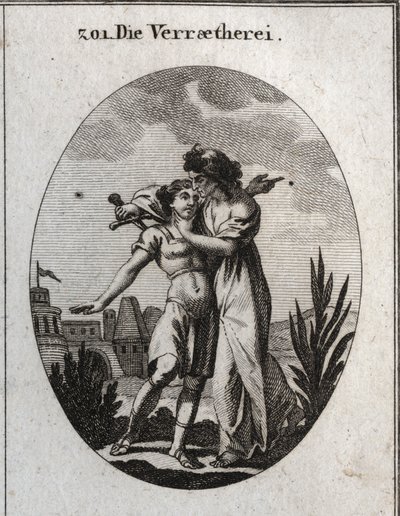 Allegoria del tradimento. Una terribile vecchia accarezza un bel giovane e allo stesso tempo si prepara a pugnalarlo. Incisione in “Iconologie oder Ideen aus dem Gebiete der Leidenschaften und Allegorien bildich dargestellt fur Zeichner, Mahler, Dichter, G da Austrian School
