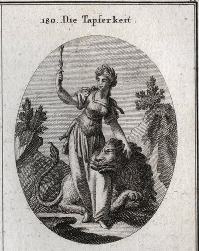 Allegoria del valore, coronata di alloro, accarezza un leone addomesticato da lei. Lo scettro alto significa che il suo coraggio la rende degna di comando. Incisione in “Iconologie oder Ideen aus dem Gebiete der Leidenschaften und Allegorien bildich darges da Austrian School