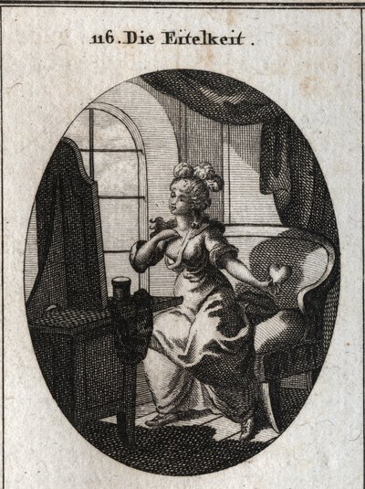 Allegoria della vanità. Desiderando piacere ed essere considerata, è rappresentata davanti al suo toilette lusingandosi davanti allo specchio con un cuore in mano. Incisione in "Iconologie oder Ideen aus dem Gebiete der Leidenschaften und Allegorien" da Austrian School