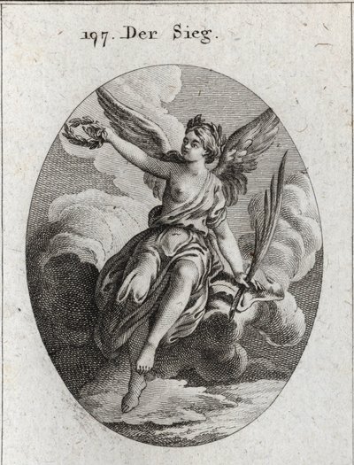 Allegoria della vittoria. Ha le ali e tiene una palma e una corona di alloro. Incisione in "Iconologie oder Ideen aus dem Gebiete der Leidenschaften und Allegorien bildich dargestellt fur Zeichner, Mahler, Dichter, Gelehrte, Erzieher und freunde Hoherer Ge da Austrian School