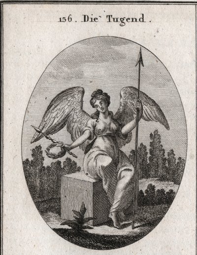 Allegoria della virtù. Il cubo di marmo su cui siede desidera la solidità, e le sue ali spiegate significano che sta sopra il volgare. Incisione in "Iconologie oder Ideen aus dem Gebiete der Leidenschaften und Allegorien bildich dargestellt fur Zeichner" da Austrian School