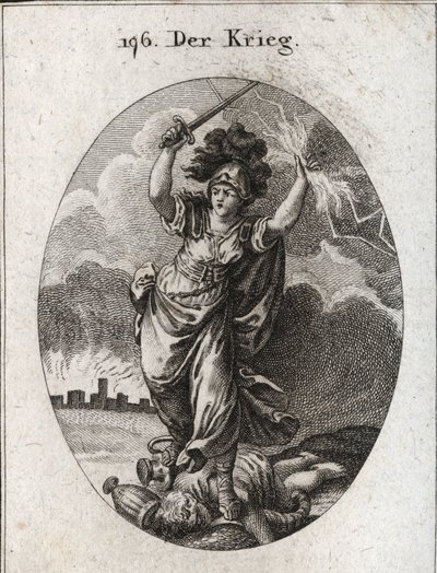 Allegoria della guerra. Tiene un fulmine e una spada nuda e calpesta vasi d