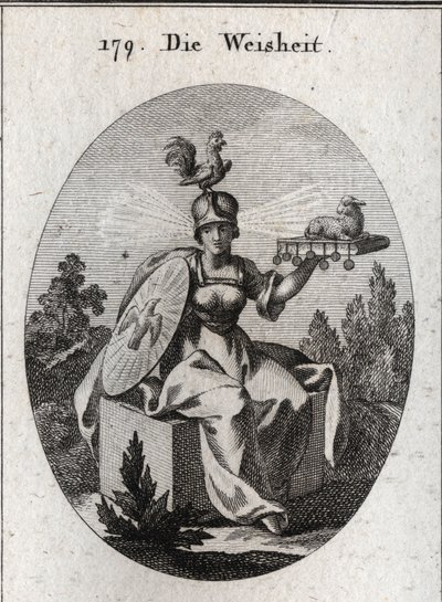 Allegoria della saggezza. I suoi abiti e le sue armi bianche definiscono la sua forza e purezza. Il gallo sul suo elmo è il simbolo della sua intelligenza e vigilanza. I raggi di luce che escono dalle sue tempie significano dignità e santità. Il libro ferm da Austrian School