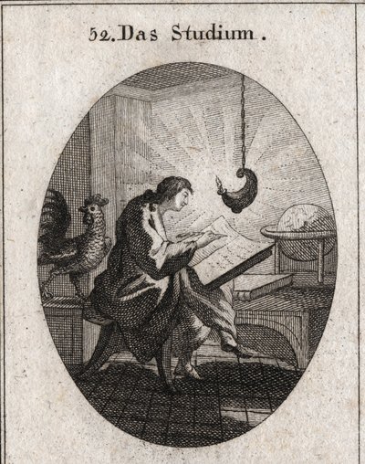 Allegoria della scrittura a una scrivania illuminata dalla luce. Il gallo è l