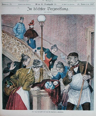 Copertina di una rivista austriaca che raffigura un bambino abbandonato su una scala di un condominio, 28 novembre 1897 da Austrian School