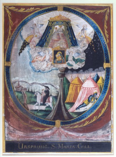 Raffigurazione del monaco Magnus che porta la statua miracolosa della Vergine Maria a Mariazell nel 1157 e dell