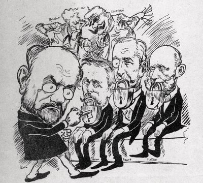Emile Zola cerca di sbloccare le serrature che chiudono le bocche dei presidenti Jean Casimir-Perier (1847-1907) e Félix Faure (1841-1899) così come il presidente del Consiglio Jules Méline (1838-1925), mentre sullo sfondo Henri Rochefort (1831-1913) racco da Austrian School