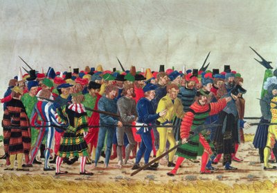 Alabardieri di Massimiliano I (1459-1519) che sorvegliano prigionieri francesi da Austrian School