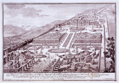 Giardini magnifici e palazzo del Barone de Huldenburg, costruiti da lui a Widlingsau, 1719 da Austrian School