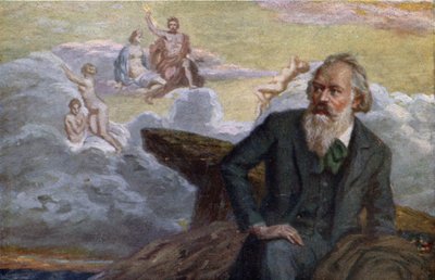 Cartolina raffigurante Johannes Brahms che compone la sua 1ª Sinfonia Op.68, c.1900 da Austrian School