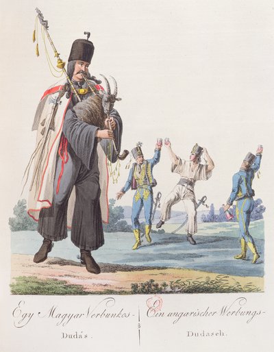 Soldati di un reggimento ungherese che eseguono una danza di reclutamento, illustrazione da un libro Costumes de Hongrie, pubblicato a Vienna, 1810 da Austrian School