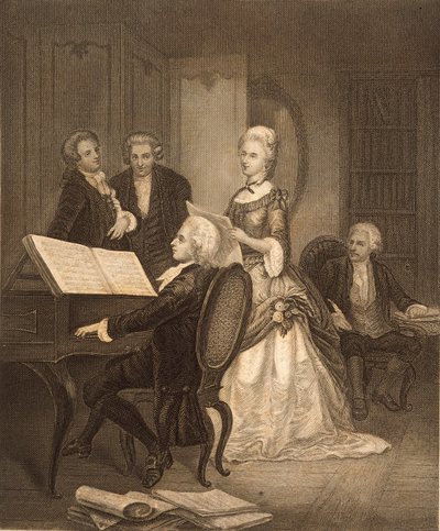 Wolfgang Amadeus Mozart accompagna Caterina Maddalena Giuseppa (incisione) da Austrian School